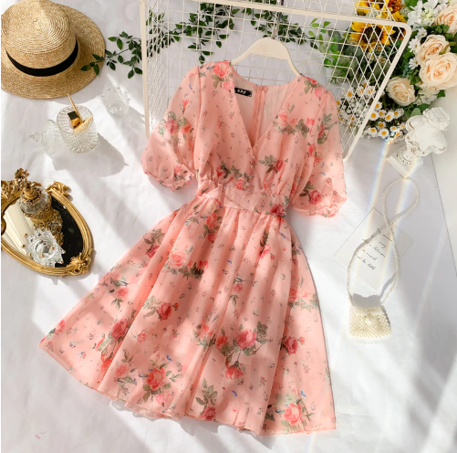 French Floral V Neck Summer Chiffon Dress