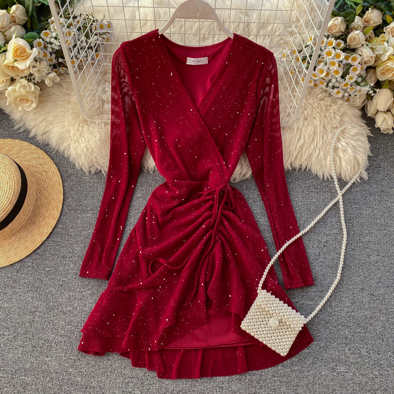 Elegant Asymmetrical Hem Long Sleeve Party Dress In Black And Red