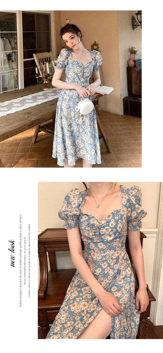 Pre-Order Red Vintage Puff Sleeve Side Pockets Floral Dress