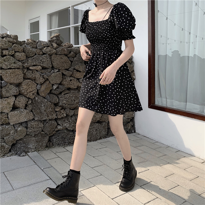 Black Polka dot Print A Line Summer Dress