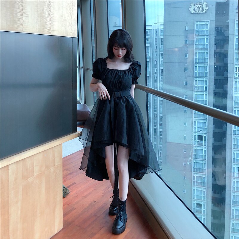 Black Vintage Style Short Sleeve Irregular Hem Tulle Dress