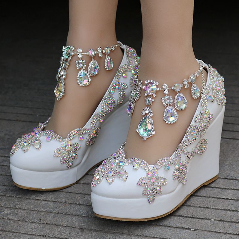 Crystal Rhinestones White Party And Wedding Wedge Shoes