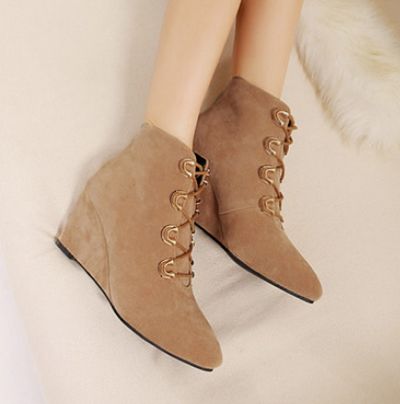 Classy Pointed Toe Lace Up Wedge Ankle Boots on Luulla