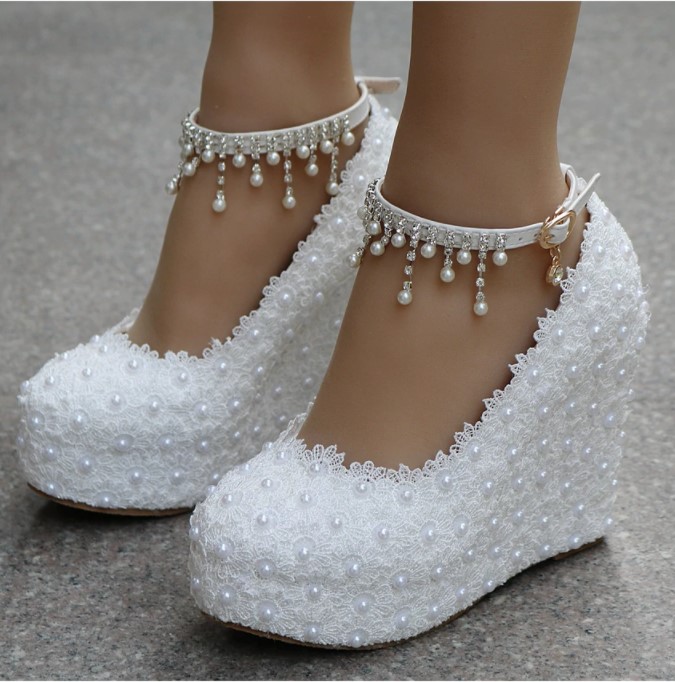 Beautiful Pearl Beaded Ankle Strap White And Pink Wedge Shoes