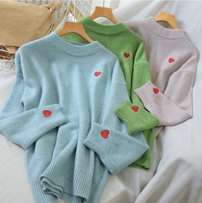 Heart Embroidery O Neck Pullover Over Sized Sweater