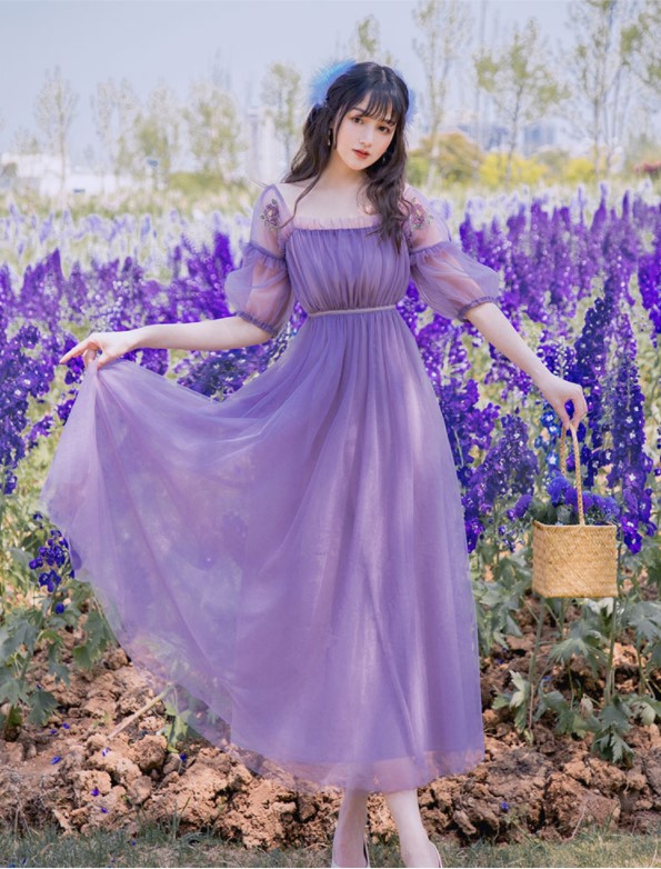 Summer Embroidery Puff Sleeve Vintage Style Purple Long Dress