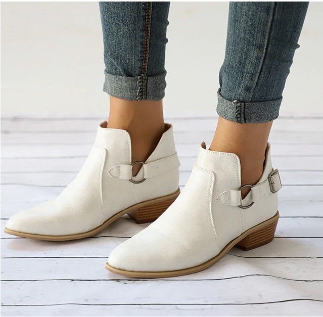 Black and White Buckle Design Pointed Toe Comfy Ankle Boots