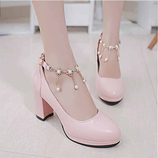 Gorgeous Pink Black And White Pearl Ankle Strap High Heels Shoes