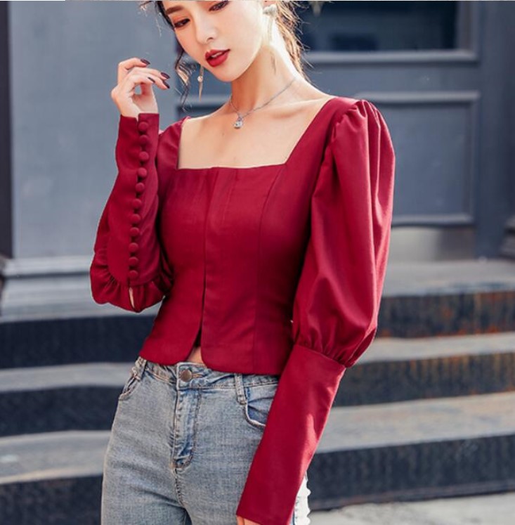 Square Collar Chic Red Long Sleeve Blouse