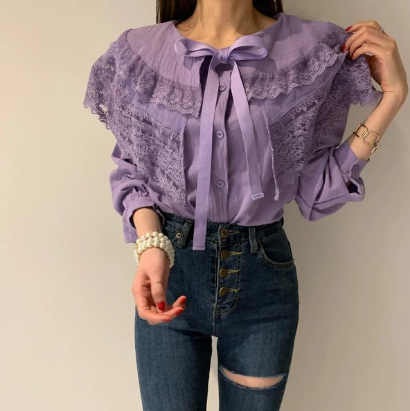 Lace Ruffles Bow Patchwork Long Sleeve Purple And White Blouse