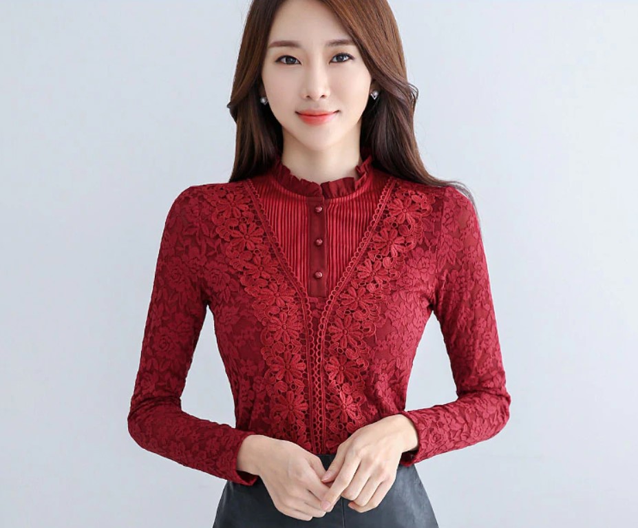 Lace And Velvet Long Sleeve Blouse