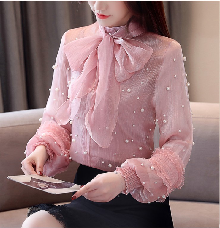 Elegant Stand Collar Pearl Beaded Long Sleeve Blouse With Bow