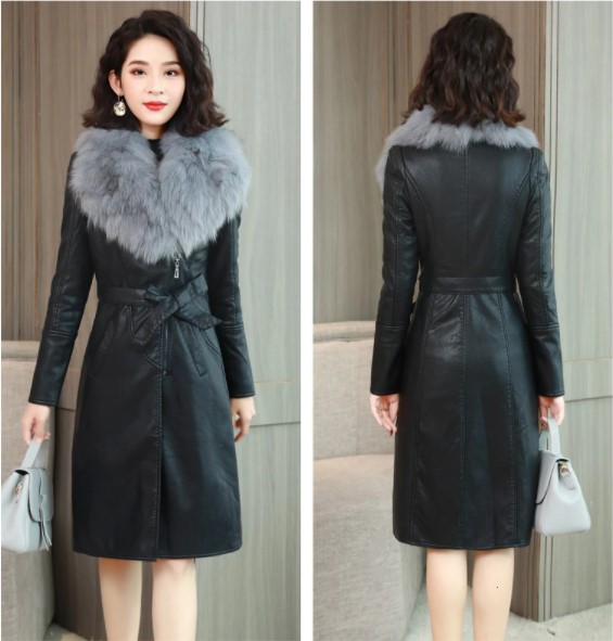 Classy Faux Fur Collar Leather Women's Winter Coat