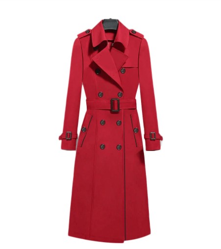 Double Breasted Long Trench Coat In Red Black And Khaki