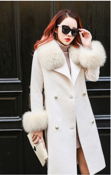 Fashion Women Double Breasted Woolen Faux Fur Winter Coat