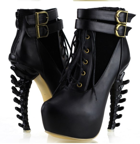 Gothic Punk Lace Up Bone Design High heels Ankle Boots