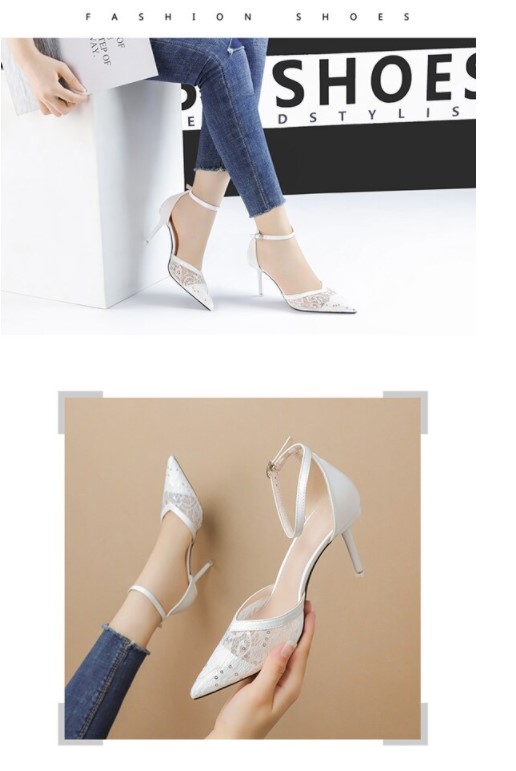 Chic Lace Mesh Rhinestone Pointed Toe High Heels Shoes