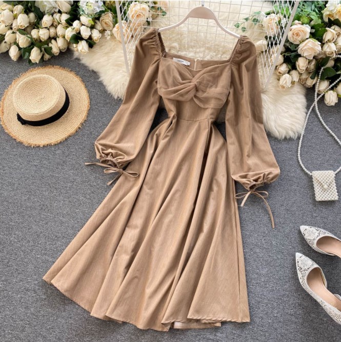 Solid Color Elegant Puff Sleeve French Dress