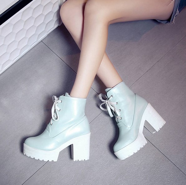 Cute Round Toe Lace Up Platform High Heels Fashion Boots