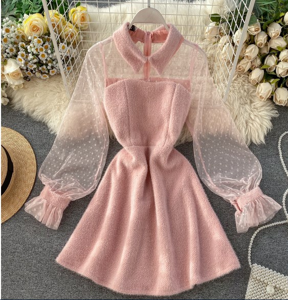Elegant Mesh Lace Sleeves Party Dress