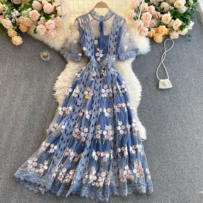 Beautiful Round Neck Lace Floral Embroidery Blue Party Dress