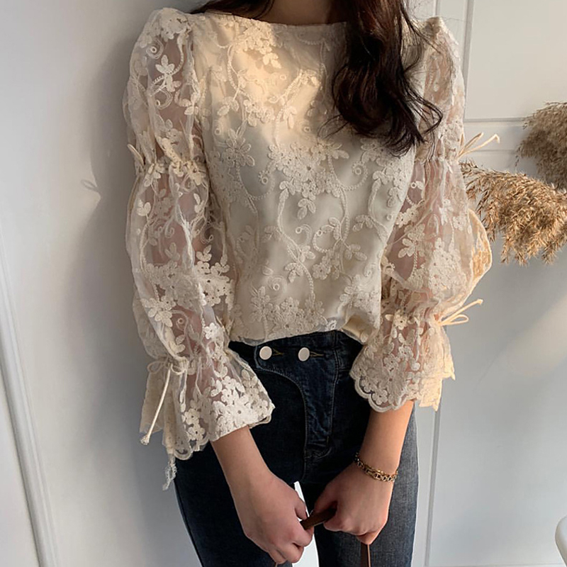 Elegant Flare Sleeve Embroidered Lace Floral Blouse