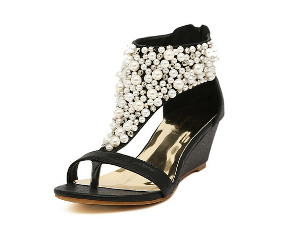 Pearl Embellished Open Toe Wedge Sandals with Back Zipper 
