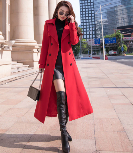 Red Black And Brown Women's Trench Coat