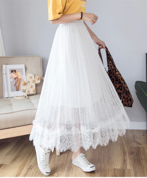 Lace Tulle Skirt Korean Style Elegant Maxi Skirt