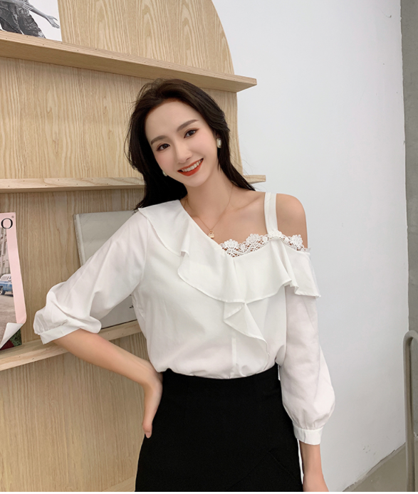 White Puff Sleeve Ladies Shirts With Lace