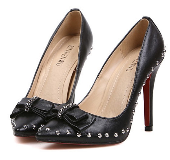 Sexy Black Pointed Toe Rivets Bow Knot Design High Heel Fashion Pumps