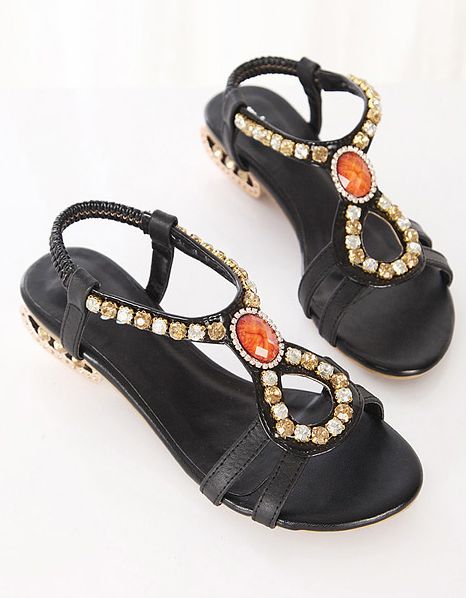 Chic Beaded Black Leather Flat Fashion Sandals