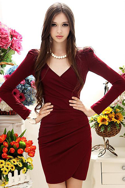 Elegant V Neck Long Sleeve Red Dress