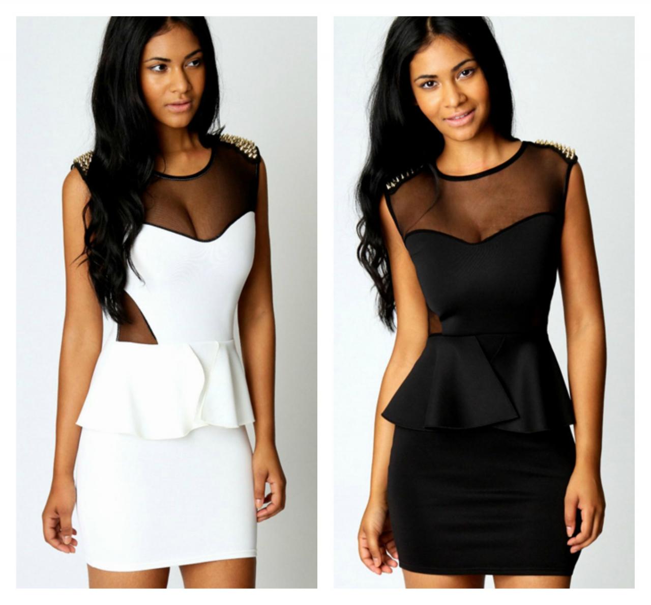 Studded Mesh Design Sexy Peplum Dress In Red, White And Black
