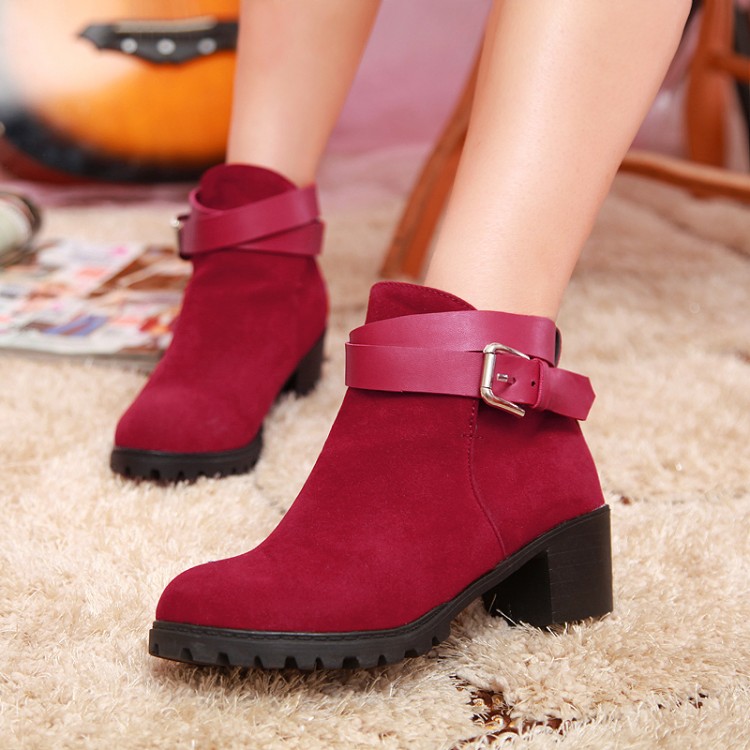 Chunky Heel Buckle Design Red Ankle Boots