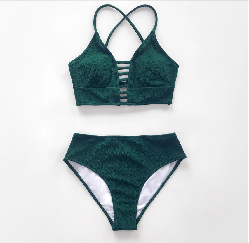 Solid Green Lace Up Bikini Sets Sexy Cut Out Swimsuit Two Pieces
