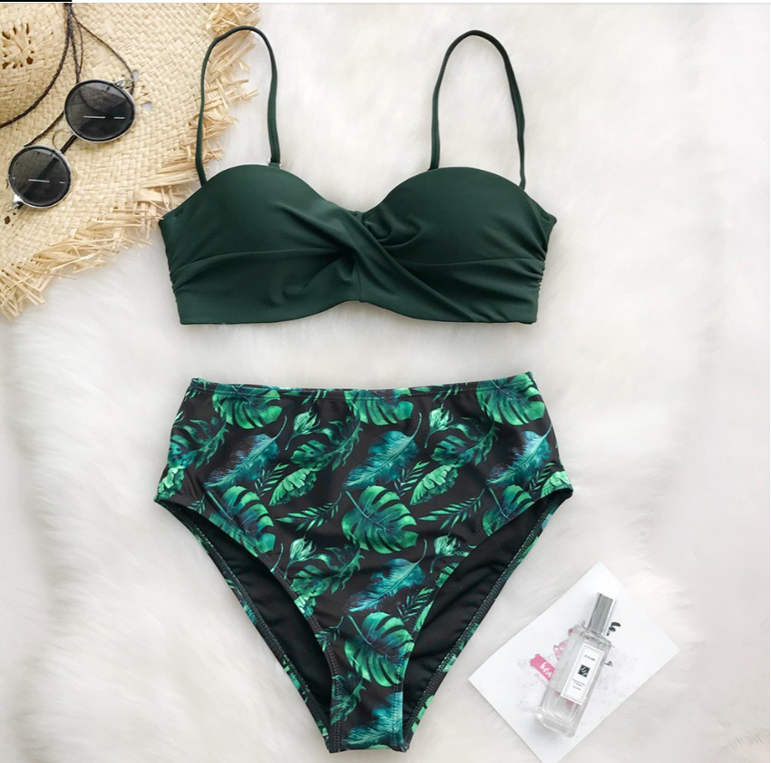 Green Leafy Print Bikini Set Women Heart Neck Push Up High-waisted