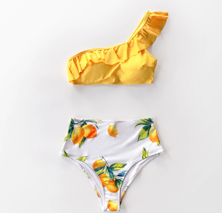 Yellow Lemon Print One Shoulder High-waisted Bikini Sets Sexy Swimsuit