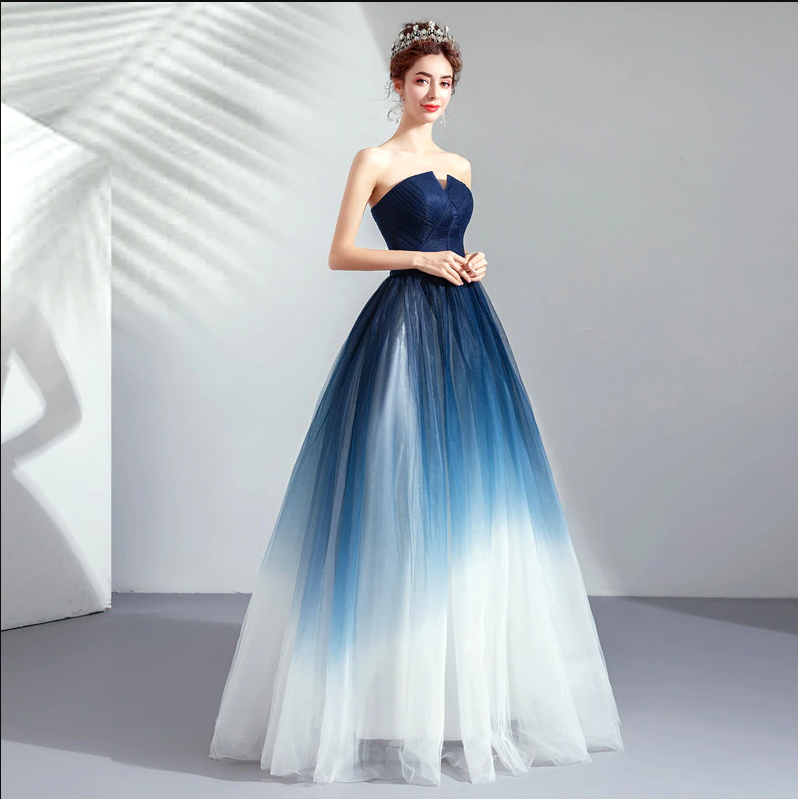 Beauty Emily Charming Gradient Blue Sleeveless Strapless Evening Dress