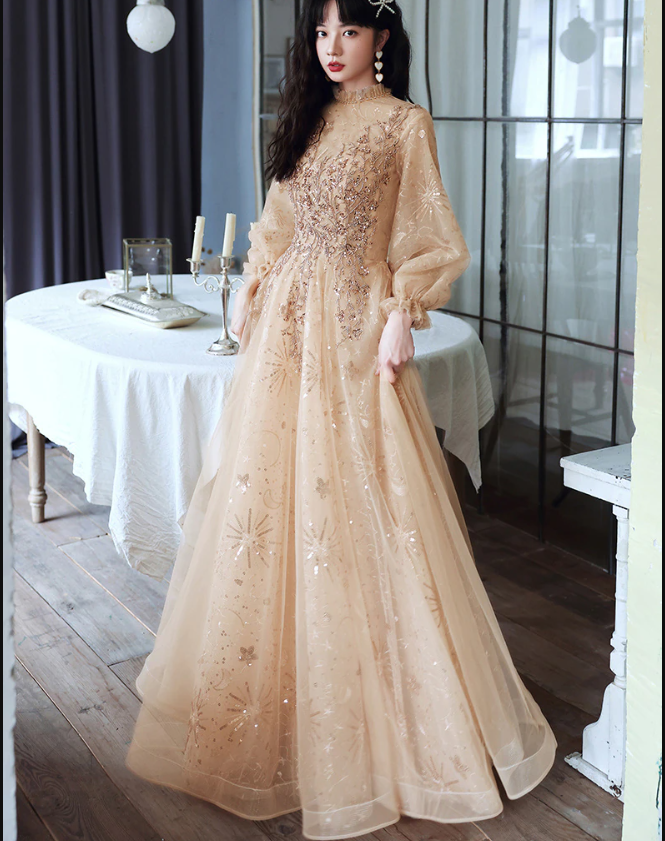 Modest Evening Dresses With Long Sleeves Luxury Appliquies Sequin Tulle