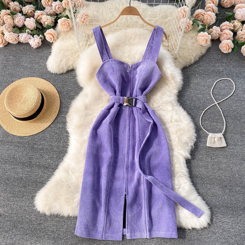 Women Vintage Purple Corduroy Dress Casual Spring Autumn Front Zipper
