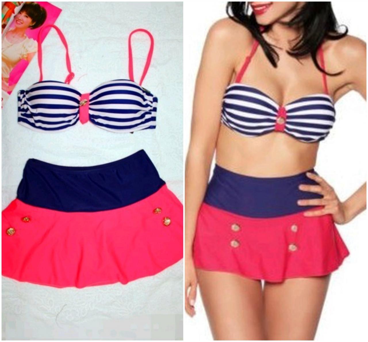 Nautical Design Pink And Blue Stripe Two Pieces Bikini Set