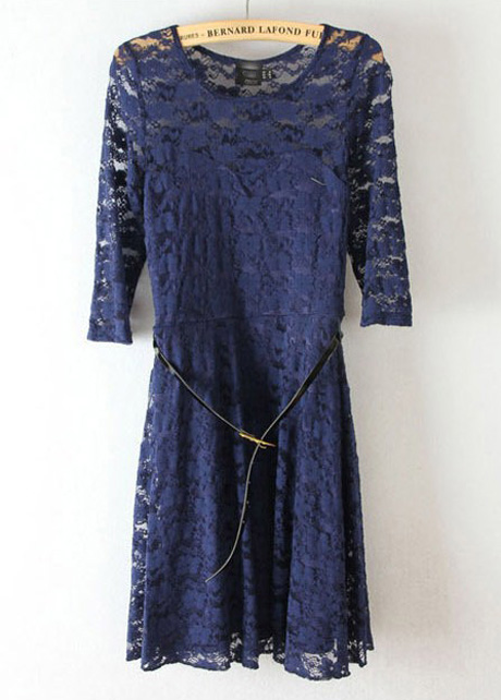 Chic Navy Blue Lace Dress With Belt on Luulla