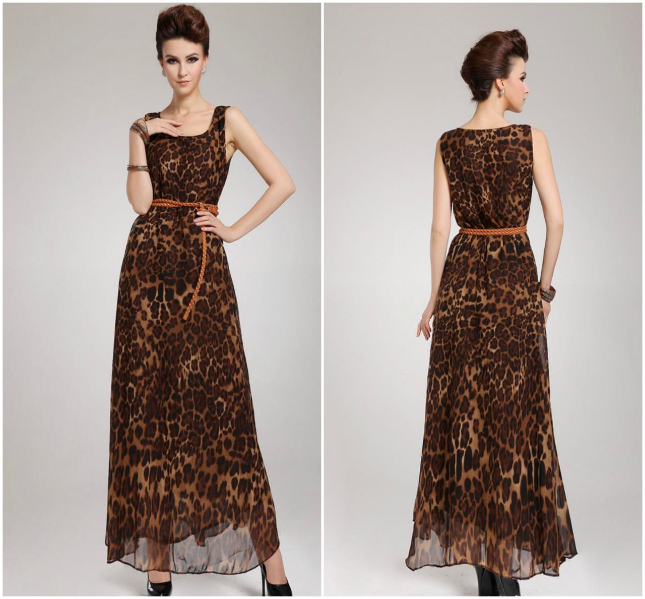 Leopard Print Chiffon Maxi Dress With Belt