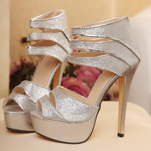 High Heel Ankle Wrap Silver Sandals