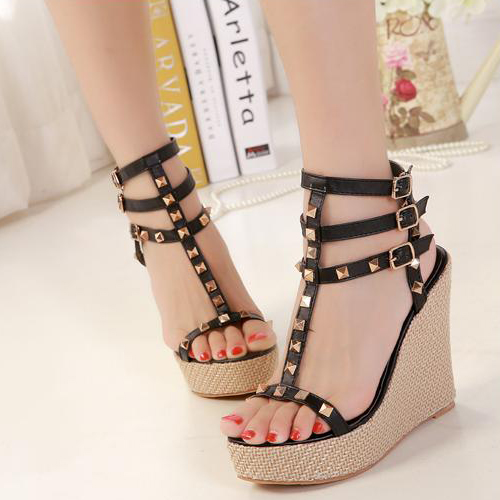 Studded Wedge High Heel Ankle Strap Sandals on Luulla