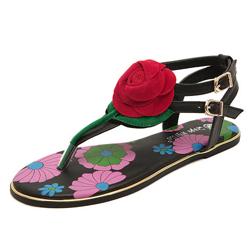 Floral Design Black Flat Sandals on Luulla