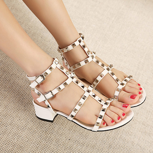 Hot Sale White Chunky Heel Knee High Gladiator Sandals Women Botas Mujer Lace Up Women Boots 