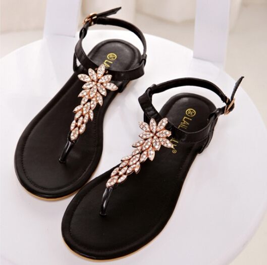 Beautiful Black Rhinestone Design Beaded Flat Sandals on Luulla