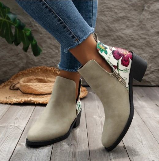 Embroidered Floral Lace-Up Ankle Boots